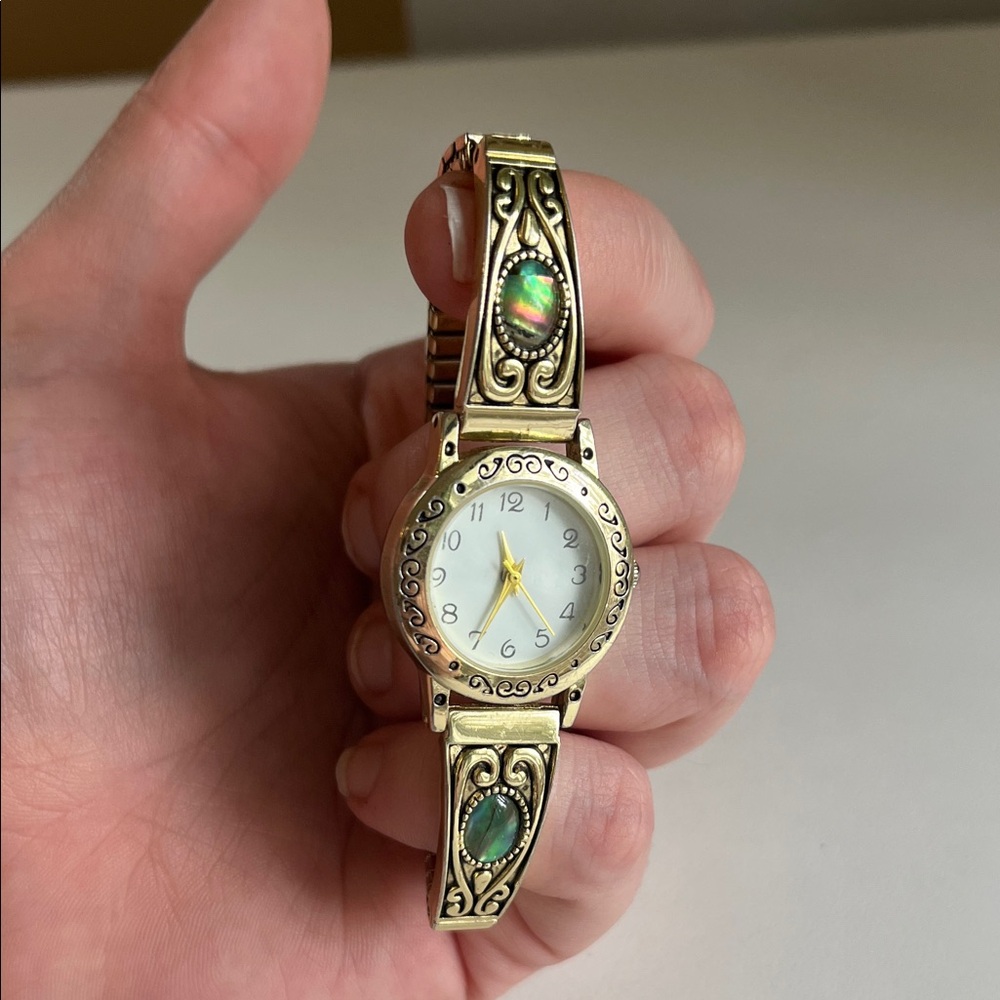 ~3 for $15~ Gold-Tone Women's Decorative Bracelet Watch with Green Stone Accents